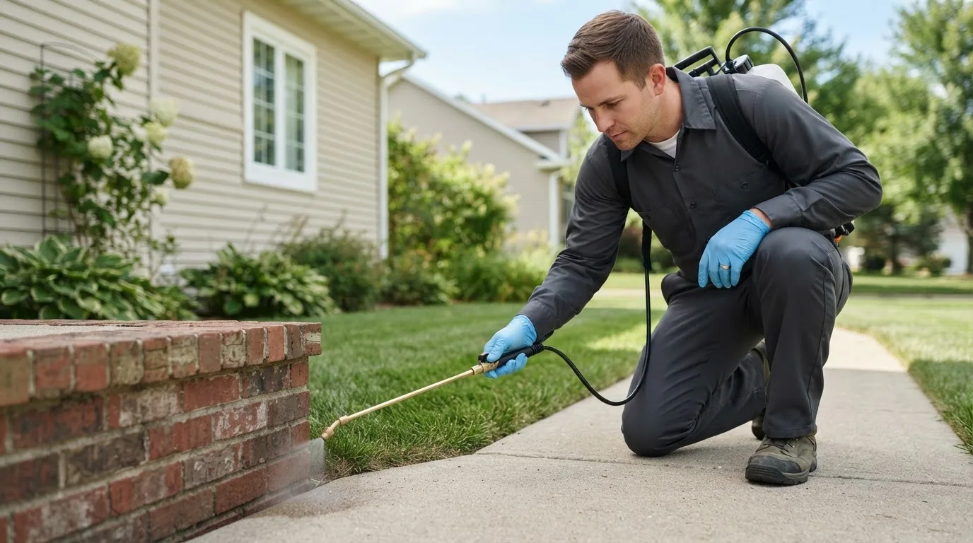 Pest control technician treating a home near Hawthorn, PA